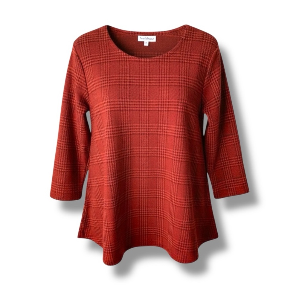 NORTHSTYLE Houndstooth Plaid Crew Neck Knit Tunic Top Red Black Medium Office